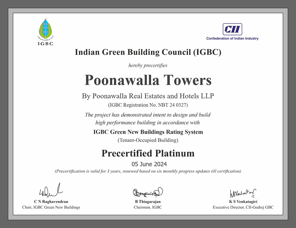 Poonawalla Towers IGBC pre-certified platinum certificate