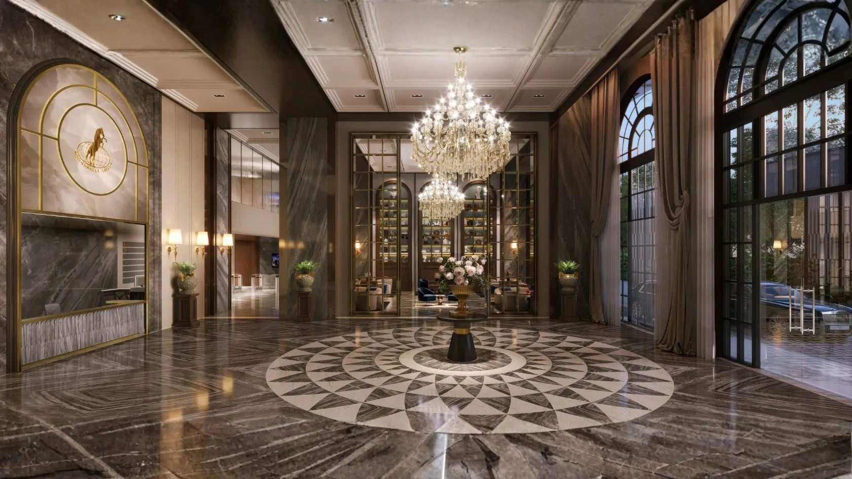 Lobby interior at Poonawalla Towers